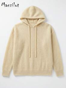 Sweater Rajut Polos Ukuran Besar untuk Musim Gugur dan Musim Dingin, Hoodie Berbulu dengan Tali Serut, Pullover Kasual Lengan Panjang Slim Fit untuk Perjalanan Sehari-hari - Aprikot - View 6