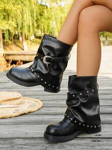 1 Pair Punk Style Multi-Metal Buckle Design Ruched Chunky Heel Mid-Calf Motorcycle Boots Riding Boots - Black - View 2