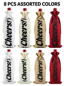 8Pcs Cheers Linen Burlap Wine Bottle Gift Bag Drawstring Wine Cover Sack Reusable Wine Bag For Wedding Holiday Christmas Housewarming Birthday Party Wine Lover Present Decor - Multicolor - View 12