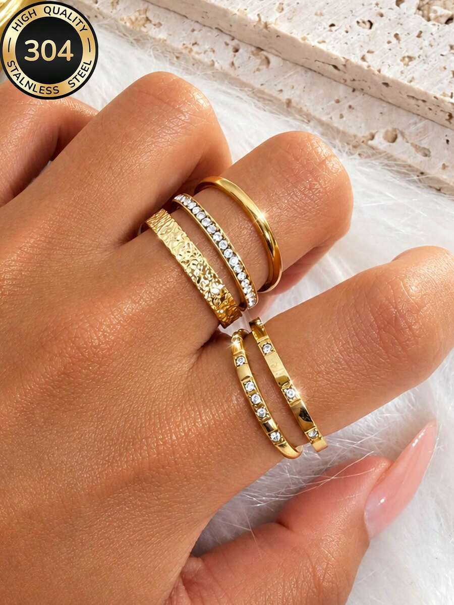 5pcs/Set Women's Minimalist Elegant Crushed Ice Stackable Rings, Daily Commute Wear, Holiday Outfit Accessory - Gold - View 1