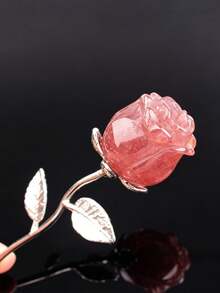 1pc Natural Crystal Carved Rose Flower Ornament, Multi-Color Mineral Craft Desktop Decoration Small Figurine, Metal Stem And Leaf Rose Bouquet - Rose Bouquet - View 7