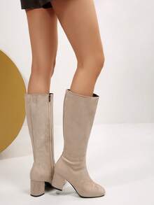 Sepatu Bot Setinggi Lutut Wanita Terbaru Musim Gugur Warna Cokelat, Ujung Lancip, Hak Tebal, Resleting Samping, Sepatu Bot Elegan Cocok Untuk Perjalanan Sehari-hari, Kencan, Pesta - Krem - View 4