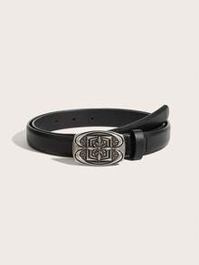 1pc Women's Vintage Carved Square Buckle Belt Suitable For Daily Wear - Black - View 1
