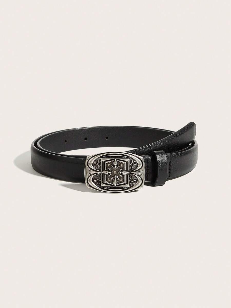 1pc Women's Vintage Carved Square Buckle Belt Suitable For Daily Wear - Black - View 1