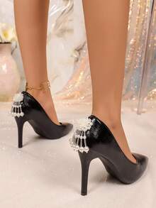 Elegant Women's High Heels, Classic Solid Color, Pointed Toe Stiletto Pumps, Pearl Tassel Decor, Suitable For Weddings And Parties - Black - View 3