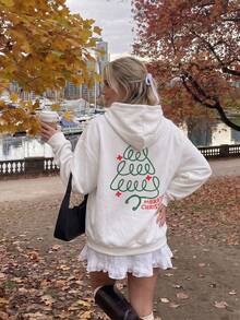 Sweatshirt Wanita Motif Pohon Natal, Sweatshirt Lengan Panjang dengan Kantong, Gaya Jalanan, Lapisan Hangat, Musim Gugur/Dingin - Putih - View 3