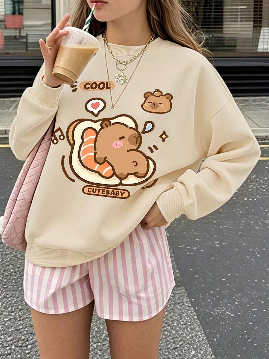 1PC Girl Fun Elements & Cartoon Crew Neck Sweatshirt, Cute, Spring Autumn School Activities Personalized Style - Apricot - View 1