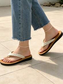 Women's Thong Flat Sandals, Summer Fashion Shiny Vacation Style, Comfortable Brown Square Round Toe Design, Suitable For Outings, Parties, Home, Travel, Beach - Brown - View 2