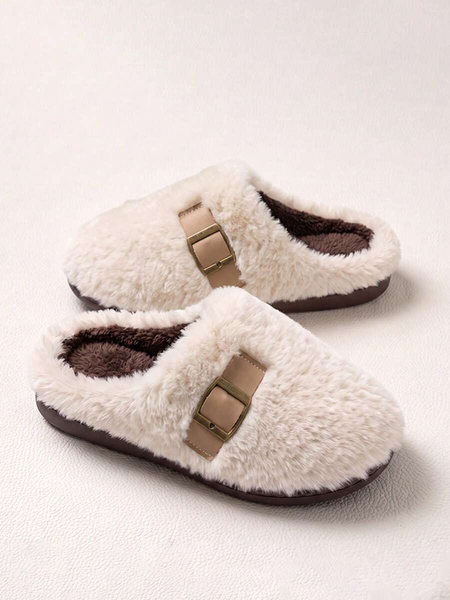 Women's Solid Color Slip-On Thermal Lined Anti-Slip Flat Fashion Versatile Home Slippers Suitable For Autumn/Winter
