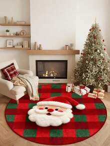 Round Burgundy Christmas Tufted Rug Checkered Border Snowman Gingerbread Gift Candy Cane Plush Rug - Multicolor - View 5