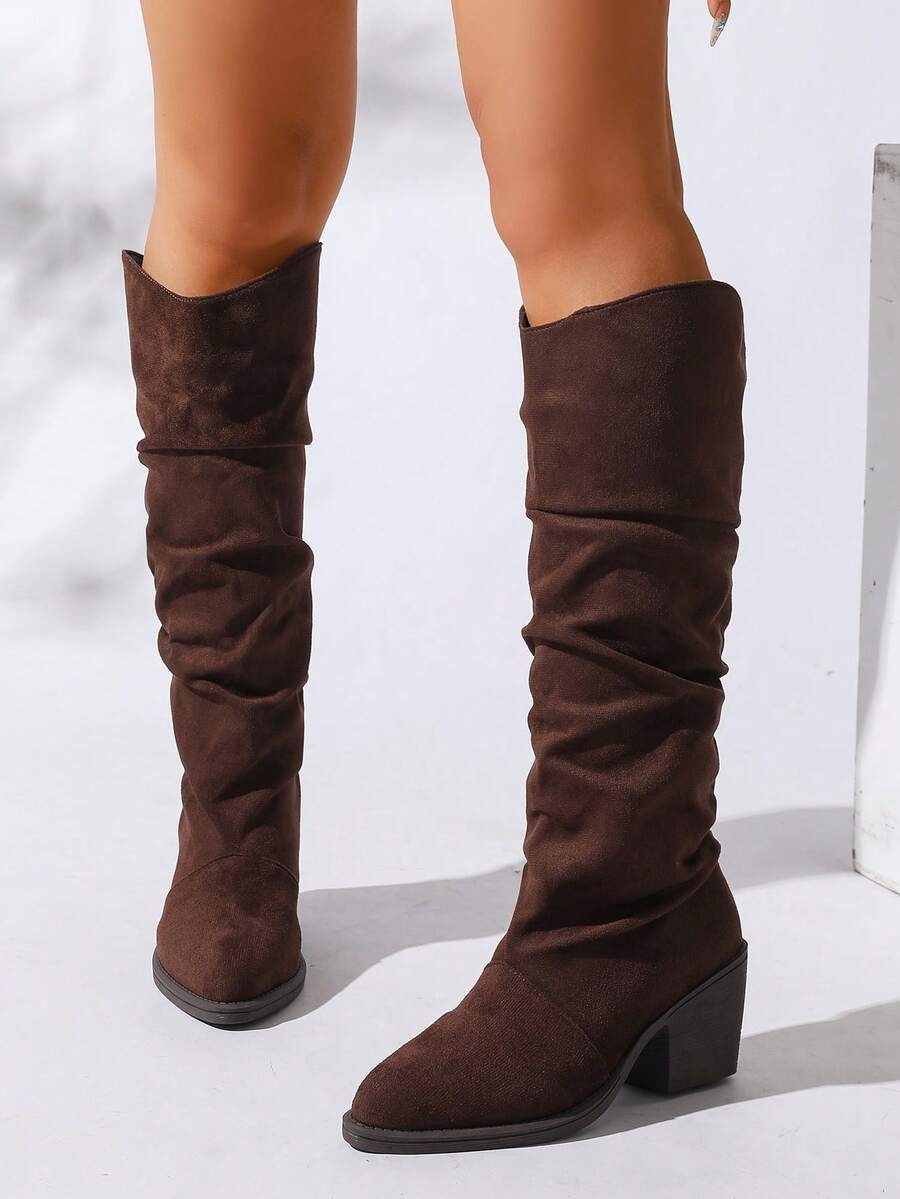 Women's Thick Sole Pointed Toe Faux Suede Ruched Brown Knee-High Boots, Comfortable Versatile Warm Boots, Suitable For Outdoor/Office Wear - Brown - View 1
