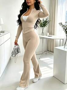 Setelan 2 Potong Wanita Musim Semi/Gugur, Jaket dan Celana Panjang Berresleting Warna Polos Potongan Ramping Modis, Kain Poliester Ringan untuk Kebugaran dan Yoga, Elegan - warna - View 7