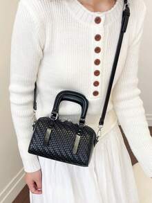 Vintage Woven Pattern Small Boston Handbag, Glossy Chain Crossbody Mini Bag, Commuter Versatile Mini Women's Bag - Black - View 3