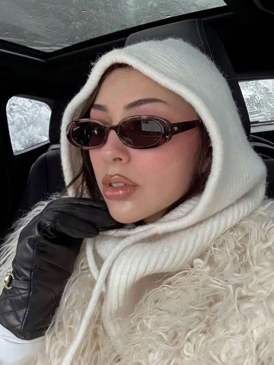 1件女款抽繩可拆式頸部拉法帽,保暖頸圍滑雪面罩,戶外冬季針織面罩圍巾帽,適合寒冷天氣 - 白色 - 查看 1
