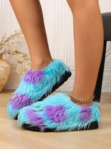 Women's Autumn/Winter New Slip-On Fuzzy House Slippers With Long Fur And Metal Decoration, Minimalist Fashion - Blue - View 2