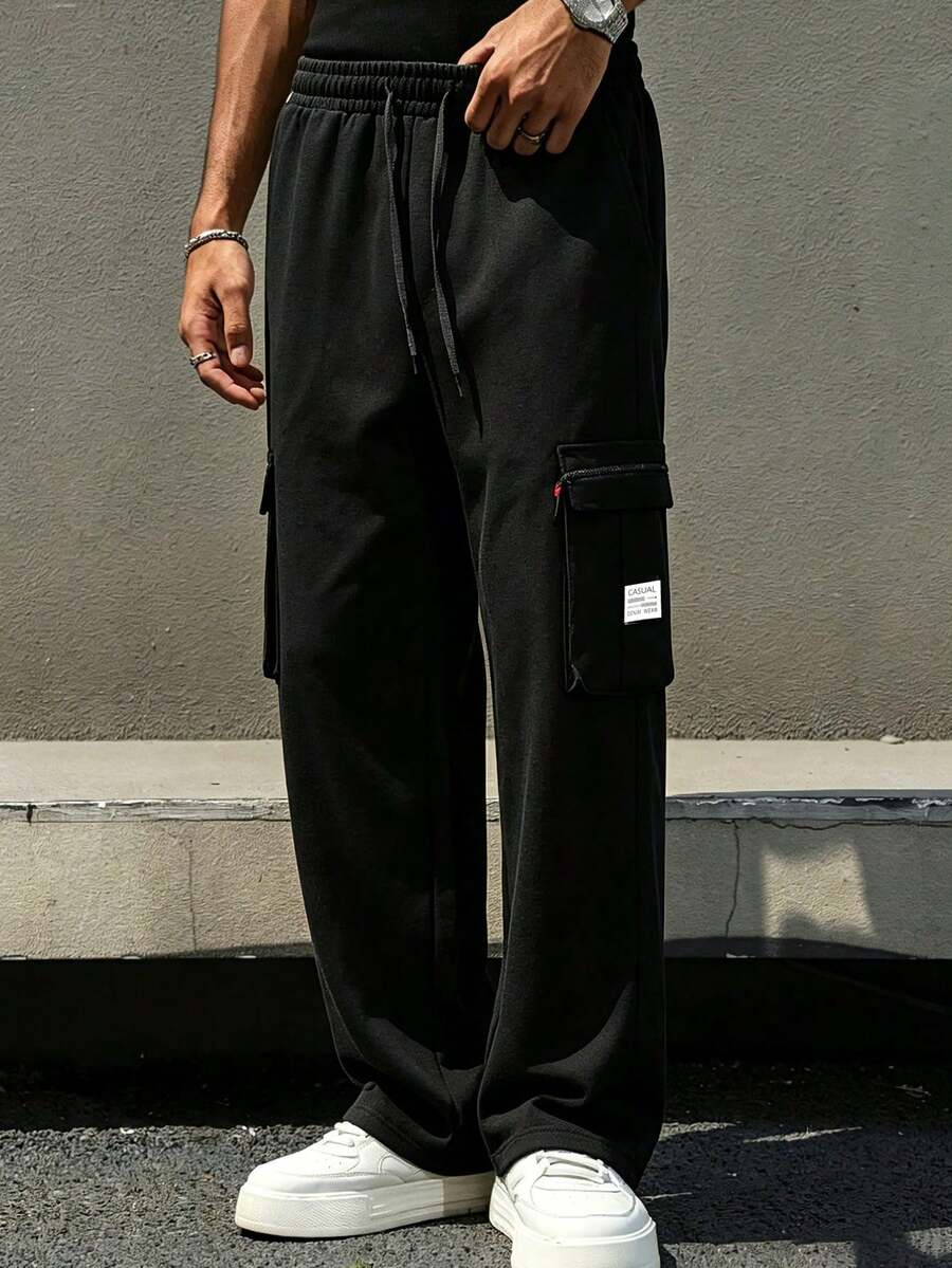 Men's Loose Straight Leg Cargo Quick-Dry Pants, Multi-Pocket Red Zipper Design, Comfortable Casual Long Pants - Black - View 1