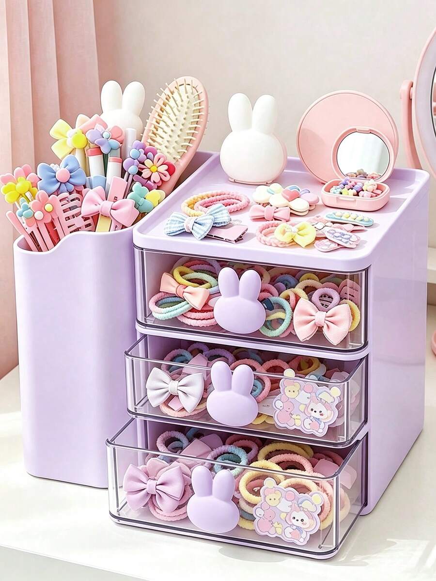 1pc Rabbit Ear Drawer Style Children's Hair Accessories Storage Box - Mauve Purple - View 1