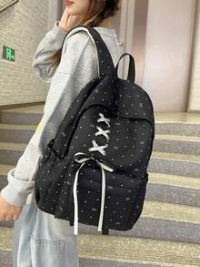 Dot Bow Print Backpack For Girls, Lace-Up Front Ribbon Decor Multi-Pocket Lightweight Casual Daypack School Rucksack Daily Use - Multicolor - View 11