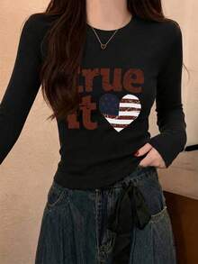 New Short Long Sleeve T-Shirt Women Y2K Generation Red English Flag Print Spring Autumn Korean Style Round Neck Versatile Casual Slim Fit Top - Black - View 4