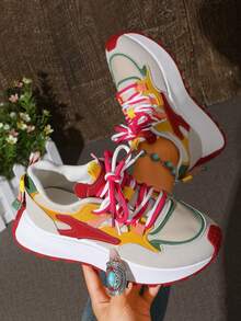 Women's Multi-Color Contrast Patchwork Faux Suede Thick Sole Sneakers, Dual-Color Shoelaces With Contrast Decorative Patches, Thick Sole Retro Casual Shoes - Hot Pink - View 4