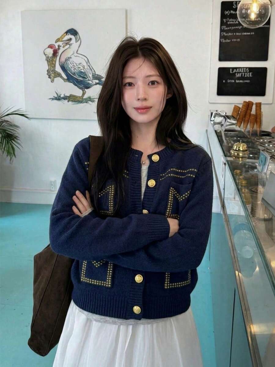 Cardigan Elegan Warna Polos dengan Kancing dan Saku untuk Wanita, Gaya Akademi Istana, Liburan, Musim Gugur/Dingin - Biru - View 1