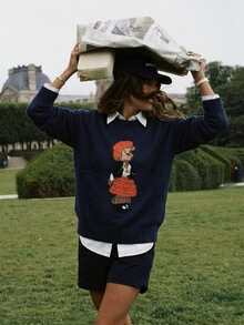 Women's Autumn Cartoon Pattern Crew Neck Drop Shoulder Long Sleeve Casual Sweater - Navy Blue - View 2