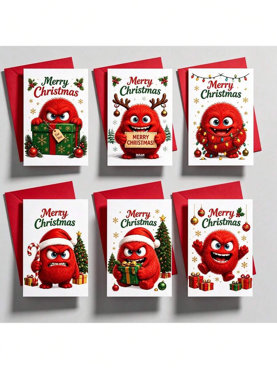6Pcs Christmas Greeting Cards With 6 Envelopes, Cute Red Fluffy Monster Xmas Note Cards, Merry Christmas Holiday Cards For Family Friends Gift Greeting - Multicolor - View 1