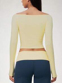 NcmRyu Women's 1pc Solid Color Off-Shoulder Base Layer Top, Fashionable Versatile Slim Fit Soft Stretchy Athletic Top, Autumn/Winter - Yellow - View 10