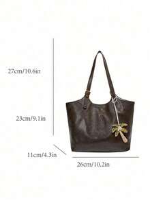 Vintage Distressed Soft Leather Shoulder Bag, Large Capacity With Gold Adjustable Buckle Strap, Detachable Braided Coconut Tree Charm, Soft Wrinkled Texture, Open Top, Fits Books And Tablets, Suitable For Commuting, Students, Classes And Travel, Retro Vibe - Coffee Brown - View 7
