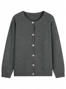 Plus Size Women's Round Neck Knit Cardigan, Front Button Long Sleeve Sweater, Slim Fit Warm Autumn/Winter Commuter Jacket - Dark Grey - View 4