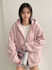 YCYC 女款秋冬純色落肩長袖休閒寬鬆抽繩抓絨衛衣 - 淺粉色 - 查看 2
