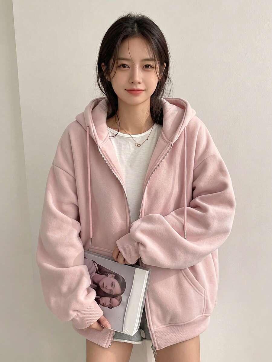 YCYC 女款秋冬純色落肩長袖休閒寬鬆抽繩抓絨衛衣