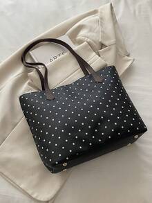 1 buah Tas Tote Patchwork Kapasitas Besar Motif Polkadot Hitam PU untuk Wanita - Hitam - View 5
