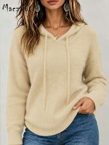 Sweater Rajut Polos Ukuran Besar untuk Musim Gugur dan Musim Dingin, Hoodie Berbulu dengan Tali Serut, Pullover Kasual Lengan Panjang Slim Fit untuk Perjalanan Sehari-hari - Aprikot - View 5