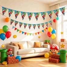SUPER MARIO BROS. 1set/10pcs Game Cartoon Themed Triangle Flag With Bright Colors. Easy Hanging Arrangement, Birthday Party Scene Decoration, Quickly Create A Theme Atmosphere. (Stochastic Style) - Multicolor - View 1