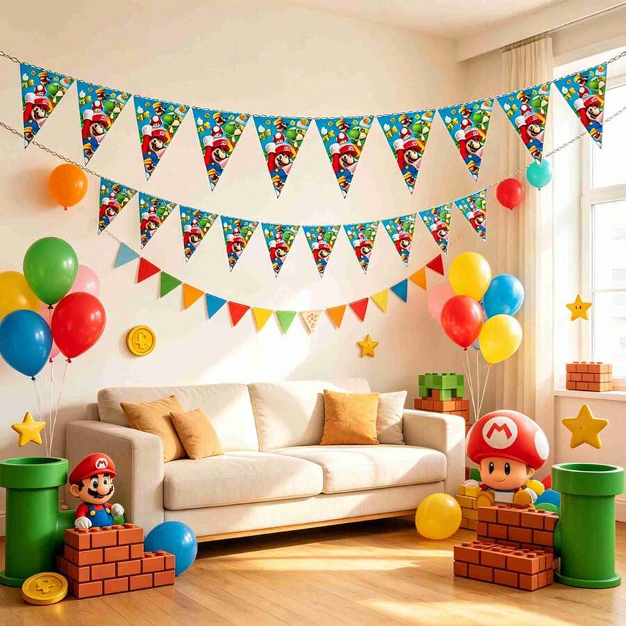 SUPER MARIO BROS. 1set/10pcs Game Cartoon Themed Triangle Flag With Bright Colors. Easy Hanging Arrangement, Birthday Party Scene Decoration, Quickly Create A Theme Atmosphere. (Stochastic Style) - Multicolor - View 1