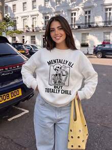 Women's Long Sleeve Crew Neck Knit Pullover Sweatshirt, Ribbed Details, Autumn Street Casual Fashion Outfit - White - View 3