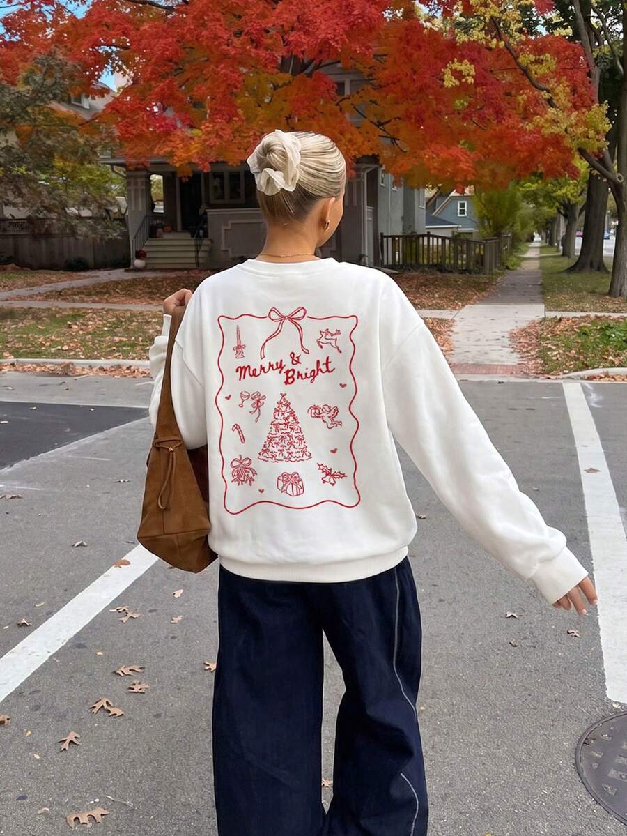 Women's Merry & Bright Print Sweatshirt, Loose Long Sleeve Crew Neck Pullover, Ribbed Hem, Suitable For Autumn And Casual Urban Wear - White - View 1