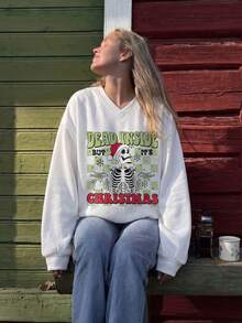 Women's Ugly Christmas Skeleton Print V-Neck Long Sleeve Pullover Sweatshirt, Autumn Holiday Ribbed Knit Top - White - View 1