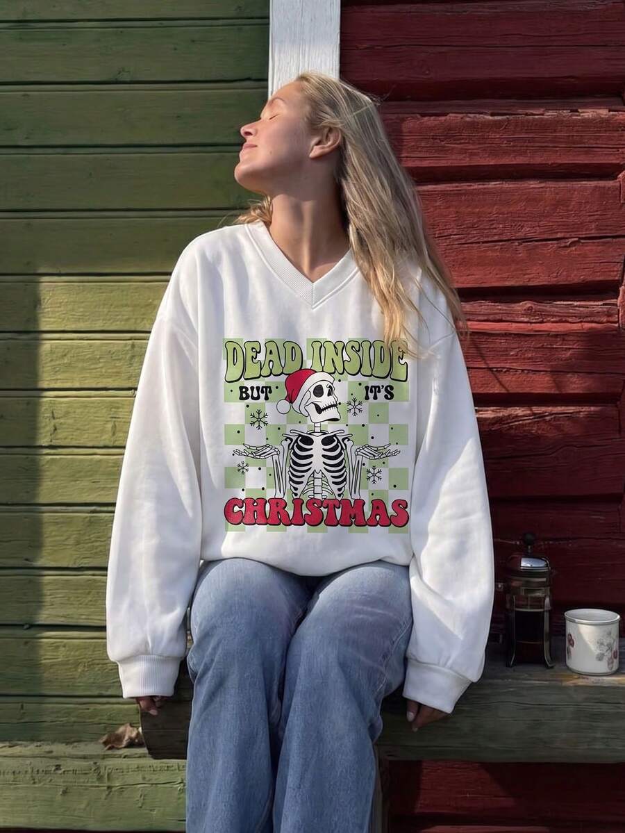 Women's Ugly Christmas Skeleton Print V-Neck Long Sleeve Pullover Sweatshirt, Autumn Holiday Ribbed Knit Top - White - View 1