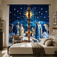 Christmas Theme Curtains (2 Pieces, Polyester Material), Pattern Depicts Religious Nativity Scene (Including Star Of Bethlehem, Sheep, Camel, Snowflake And Deep Blue Night Sky), Single-Sided Print And Rod Pocket Design, Suitable For Living Room, Bedroom And Christmas Party Holiday Home Decor. - E - View 4