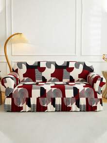 1pc Printed Hem Full Stretch Sofa Cover, Dirt-Resistant, Elastic One-Piece Full Coverage Sofa Protector, Living Room Home Decor, Machine Washable - Red - View 8