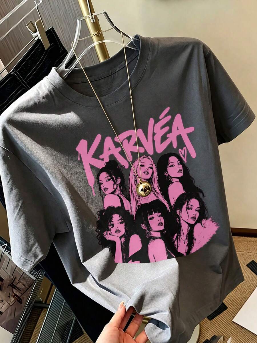 1pc Tween Girl Printed Short Sleeve T-Shirt, Student Youth Clothing, Summer Gift - Dark Grey - View 1