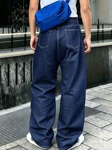 LIYS Men's Blue Wash Pinstripe Striped Wide Leg Jacquard Jeans - Blue - View 2