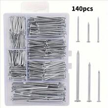 140pcs Assorted Hardware Nails, Wall Nails Storage Box, 6 Sizes, Suitable For Home Decor, Construction Site And Household Essentials - Silver - View 1