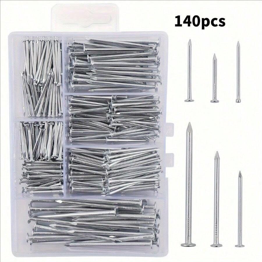 140pcs Assorted Hardware Nails, Wall Nails Storage Box, 6 Sizes, Suitable For Home Decor, Construction Site And Household Essentials - Silver - View 1
