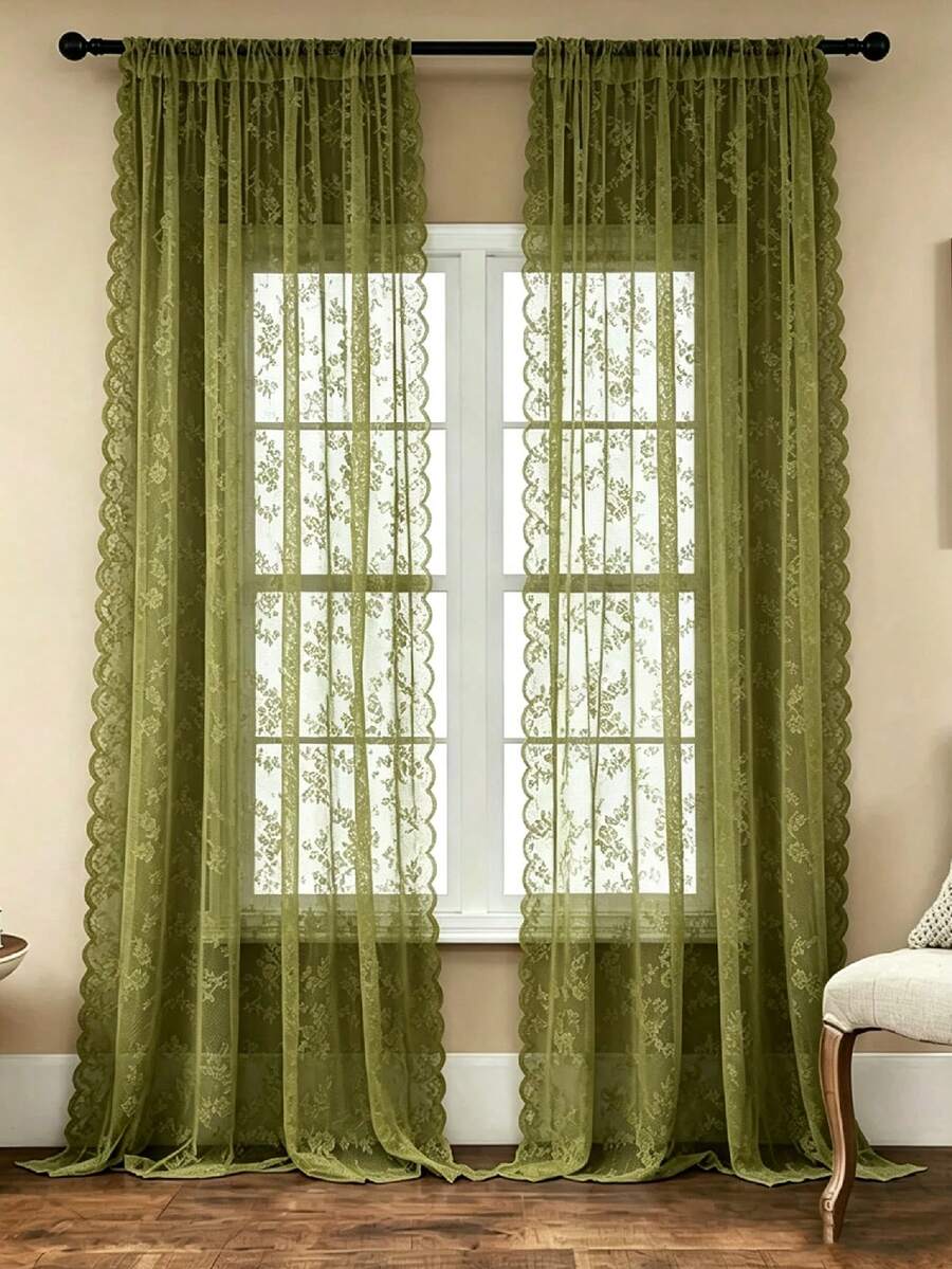 1pc French Romantic Style Semi-Sheer Curtain Panel, With Lace Trim, 100% Polyester Mesh, Wave Rod Pocket Design, Adjustable Decorative Curtain Suitable For Living Room, Bedroom, Balcony, Classic Style, Machine Washable, Suitable For Seasonal Use, Rod Pocket Design, No Lining, Semi-Sheer, Country Style, High Quality, Rod Pocket Design, Suitable For Door Curtain Panel, Woven, Polyester Fiber - Multicolor - View 1