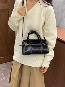 女款迷你波士頓手提包，人造皮革與麂皮拼接，金色扣環與縫線，可拆卸式肩帶，復古風格，秋季日常女包 - 黑色 - 查看 3