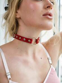 1pc Women's Red Silver Buckle Punk Style Rivet Round Choker Necklace, Suitable For Daily Wear - Red - View 3