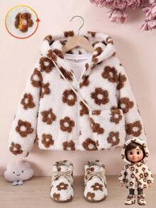 Infant Girls Sweet Cute Floral Print Double-Sided Fleece Long Sleeve Thick Hooded Zipper Jacket With Matching Mini Crossbody Bag, Winter - White - View 3